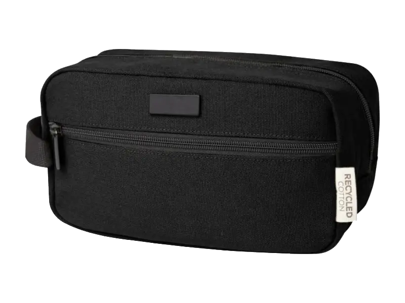 Black rectangular canvas accessory pouch with a main zip opening and a zippered outside pocket