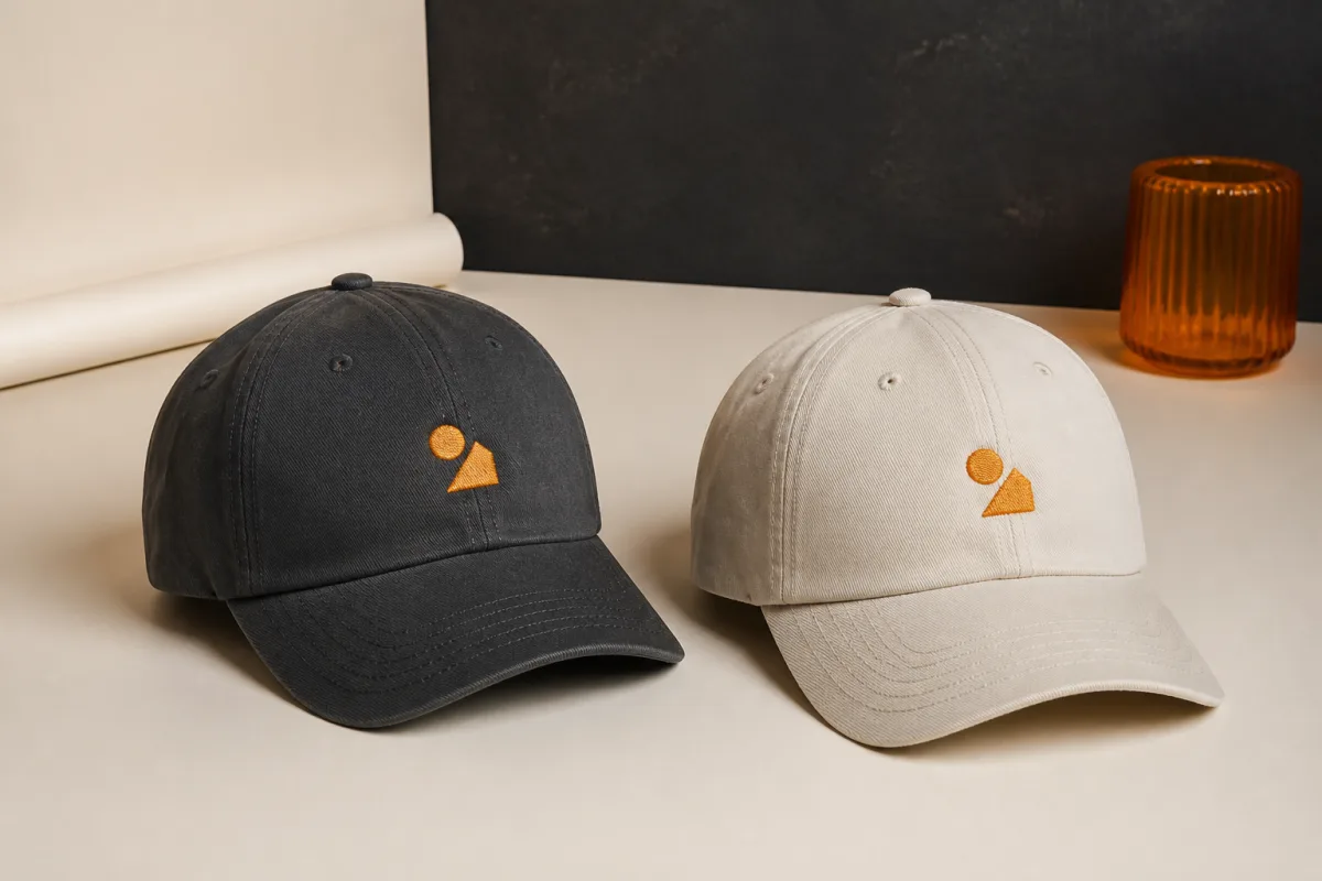 Baseball caps shown as conference swag