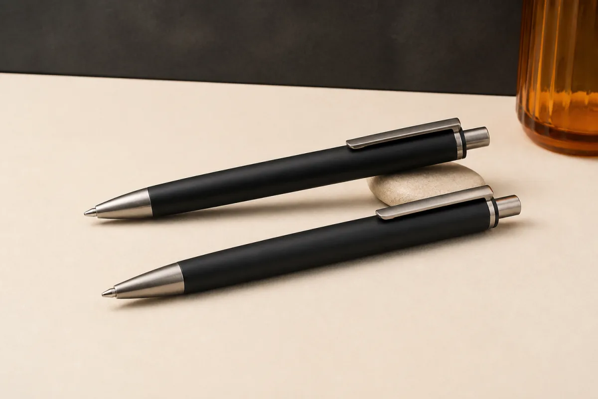 Branded pens shown as conference swag