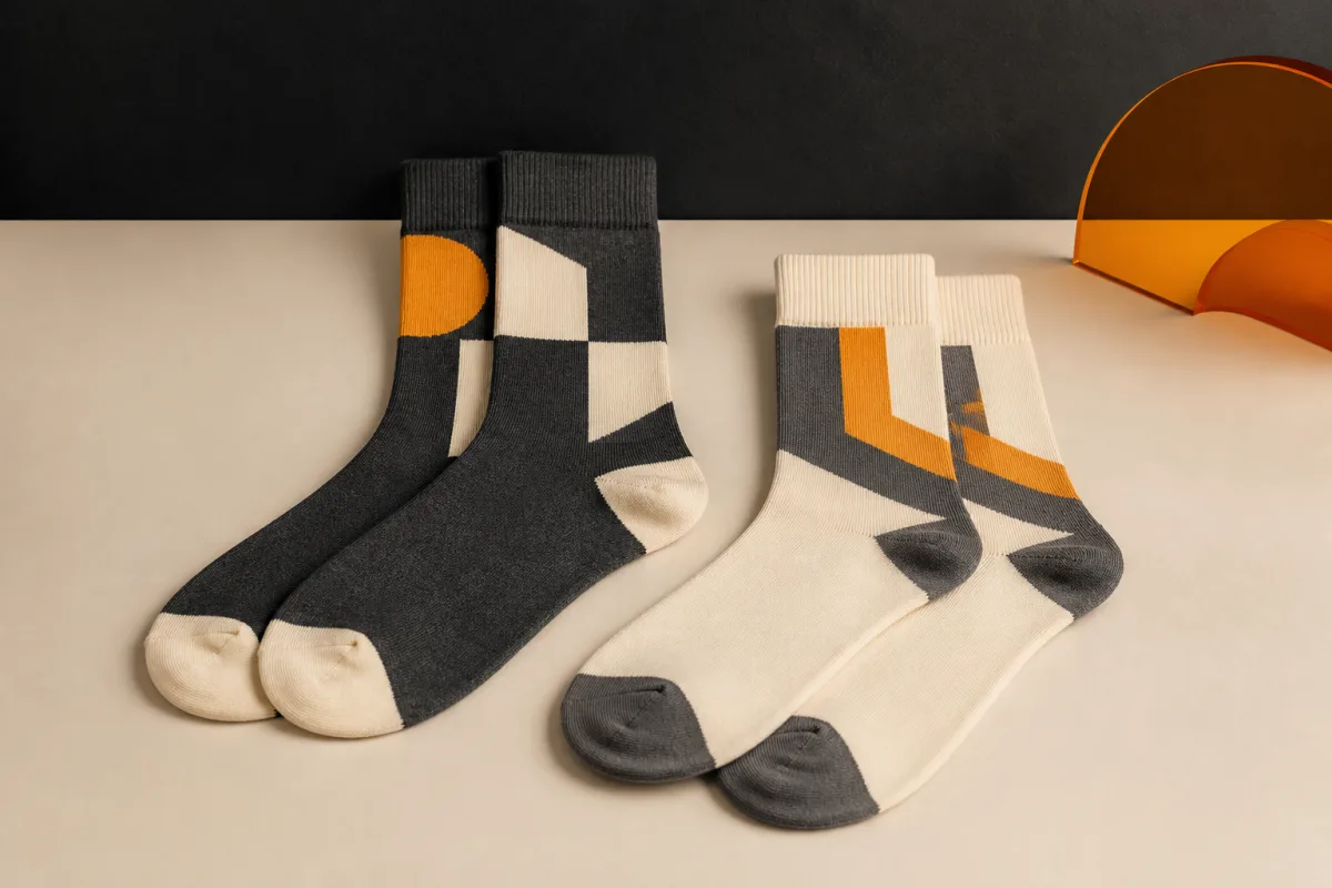 Branded socks shown as conference swag