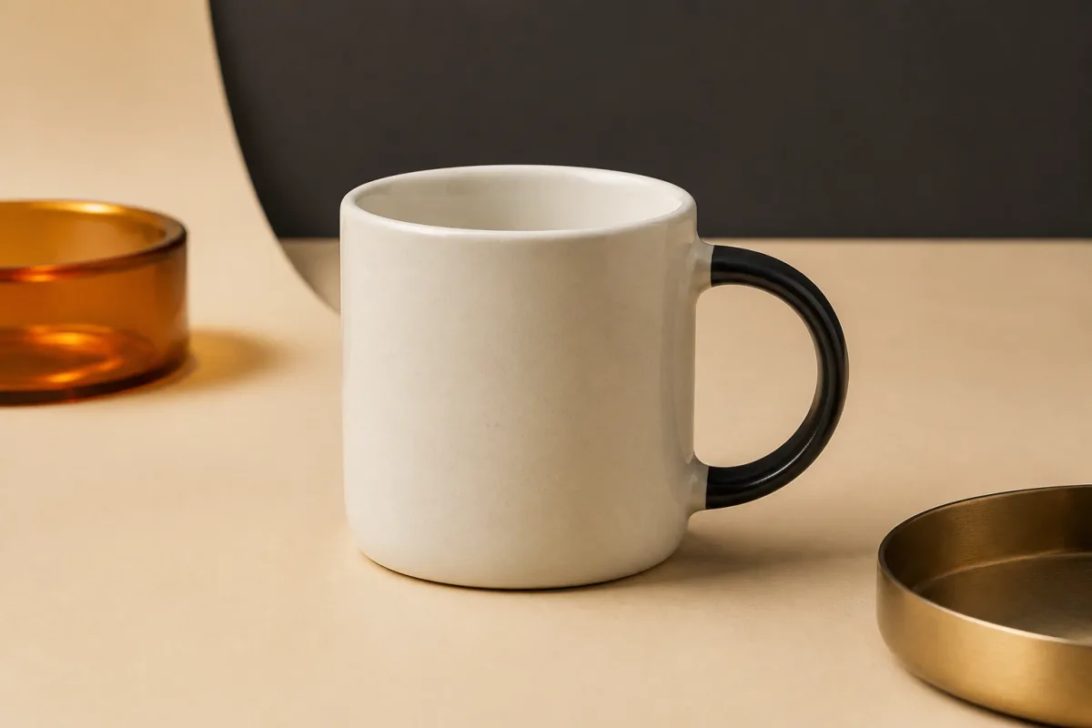 Ceramic coffee mugs shown as conference swag