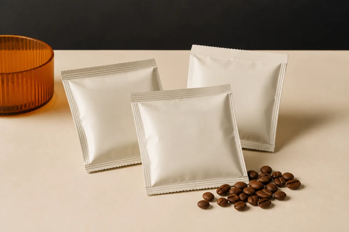 Coffee sachets shown as conference swag