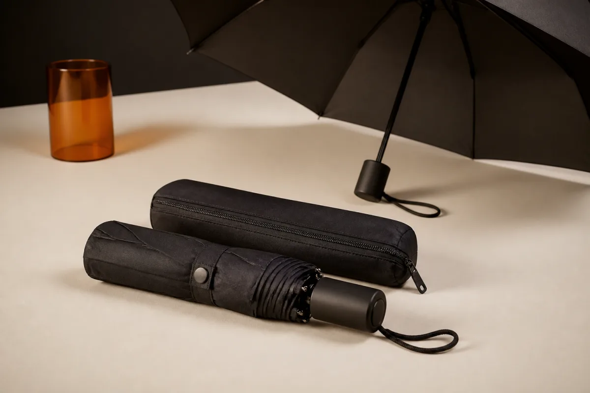 Compact umbrellas shown as conference swag