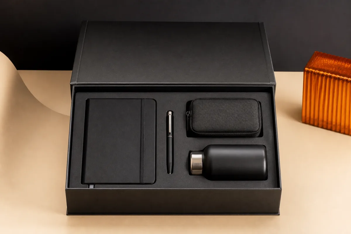 Curated swag boxes shown as conference swag