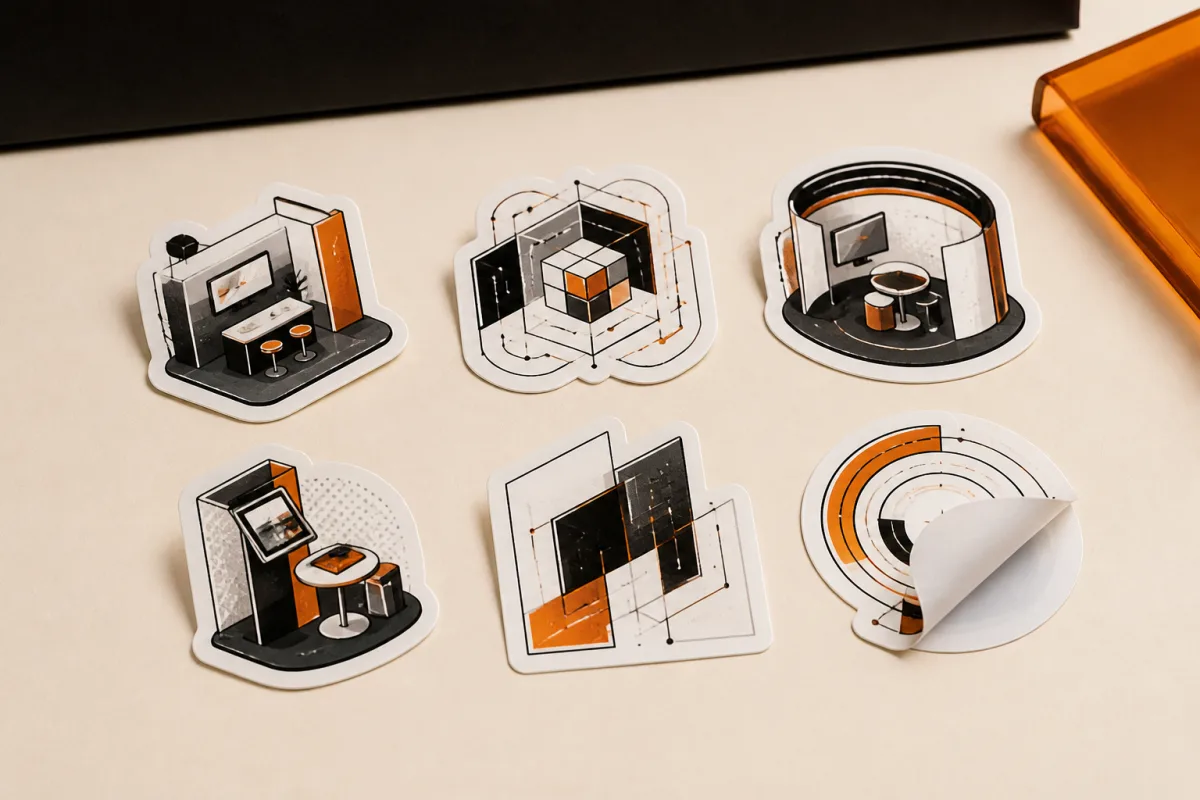 Die-cut stickers shown as conference swag