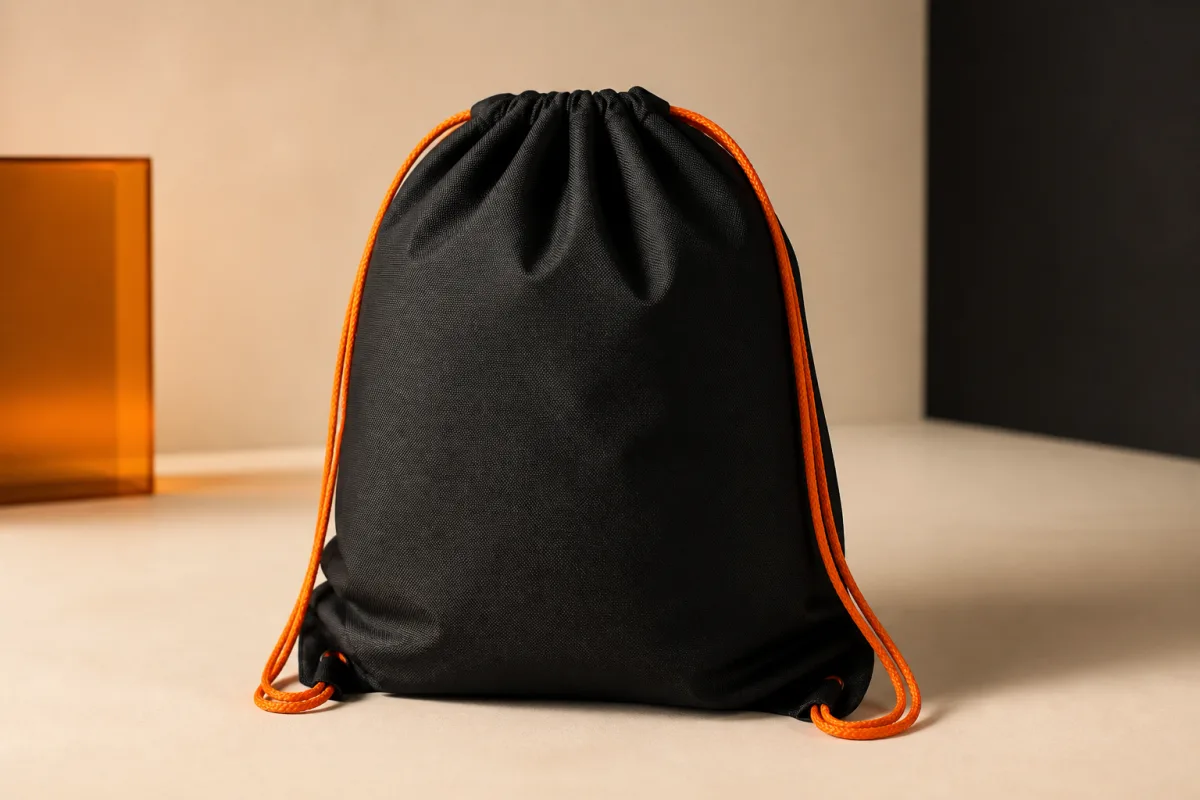 Drawstring bags shown as conference swag