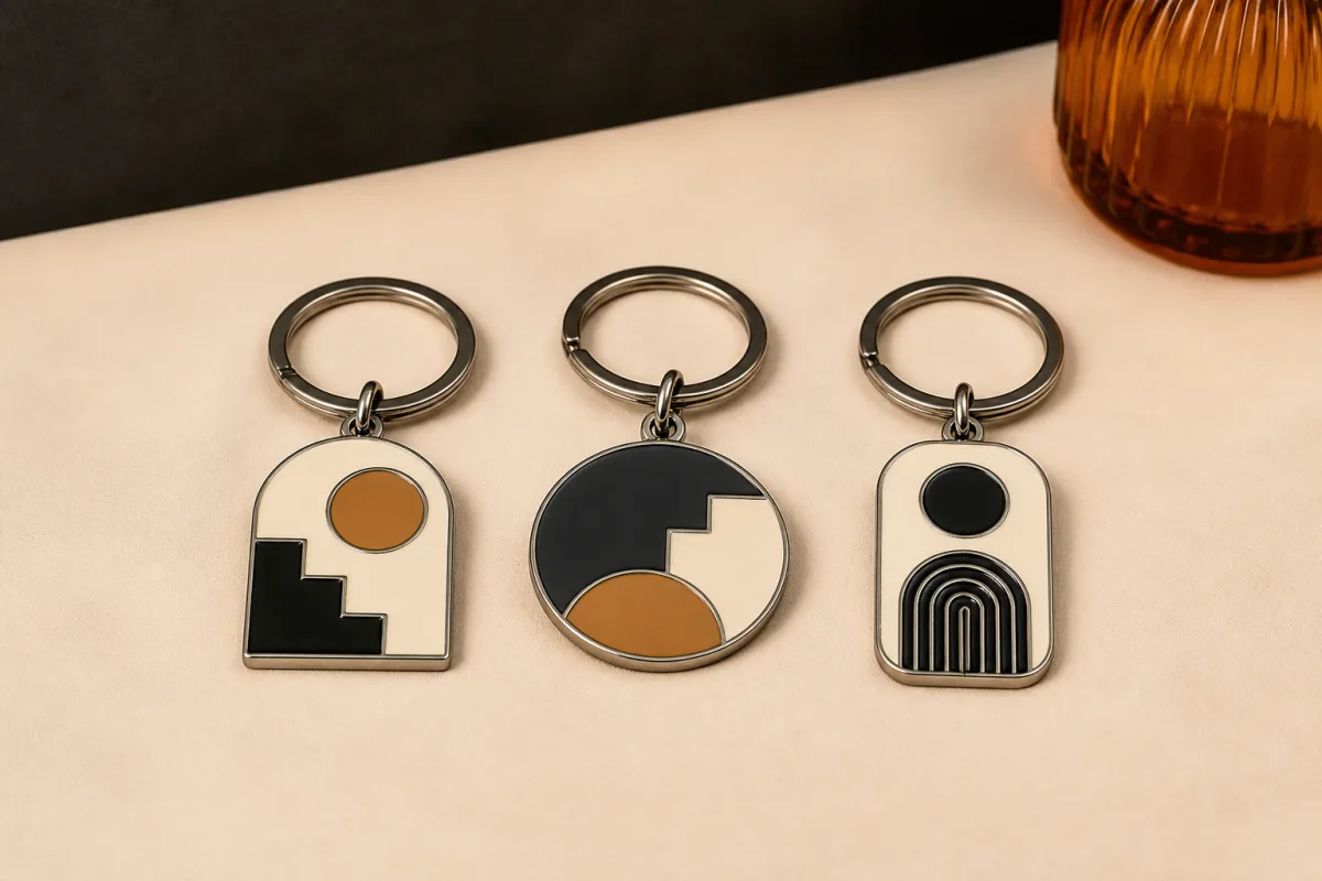 Enamel keychains shown as conference swag