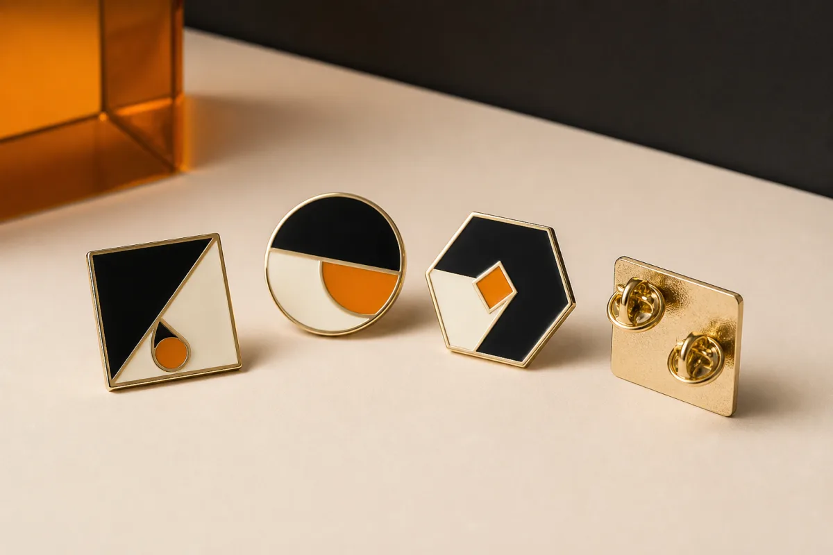 Enamel pins shown as conference swag