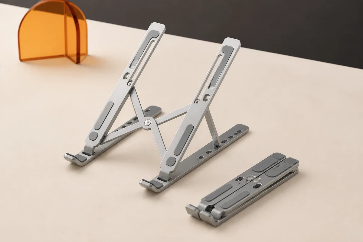 Folding laptop stands shown as conference swag