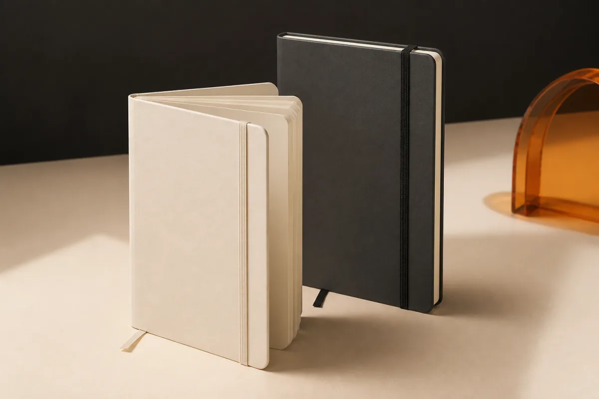 Notebooks shown as conference swag