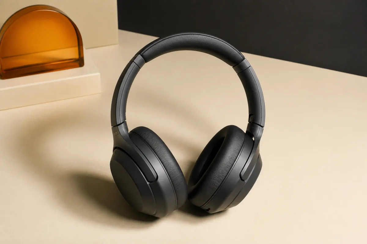 Over-ear headphones shown as conference swag