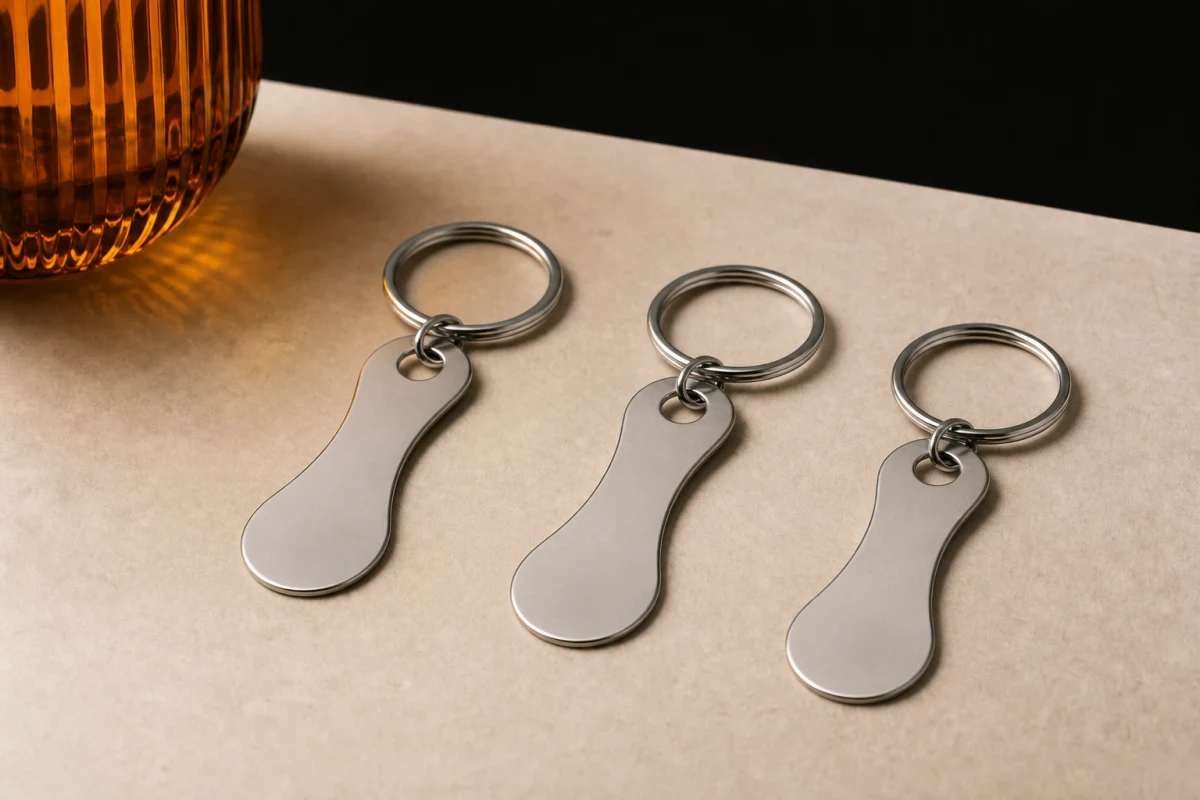 Shopping-cart token keychains shown as conference swag