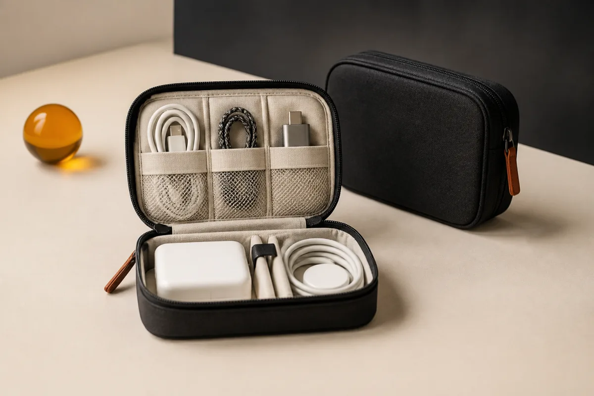 Tech-accessory pouches shown as conference swag