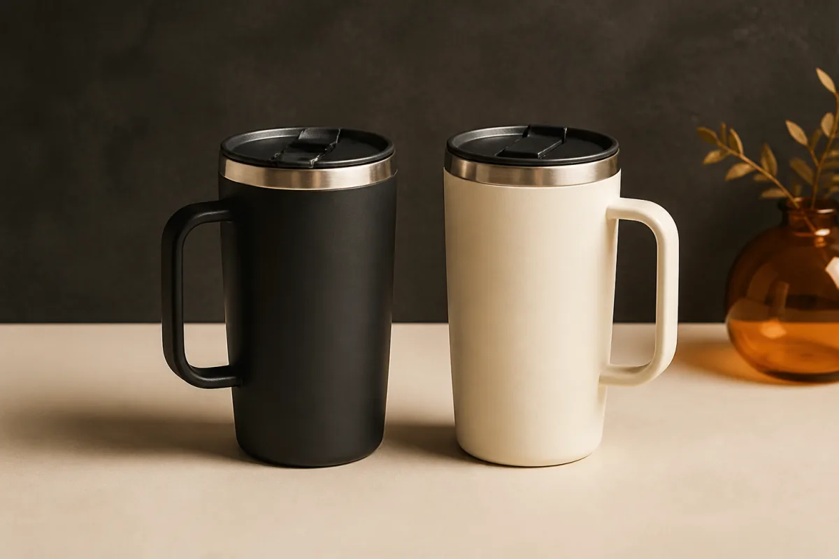 Travel mugs shown as conference swag