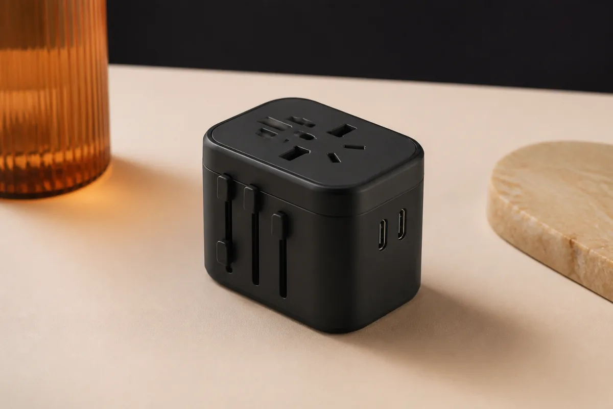 Universal travel adapters shown as conference swag