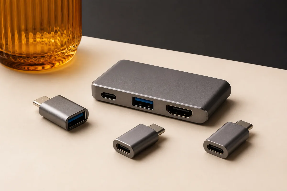 USB-C adapters shown as conference swag