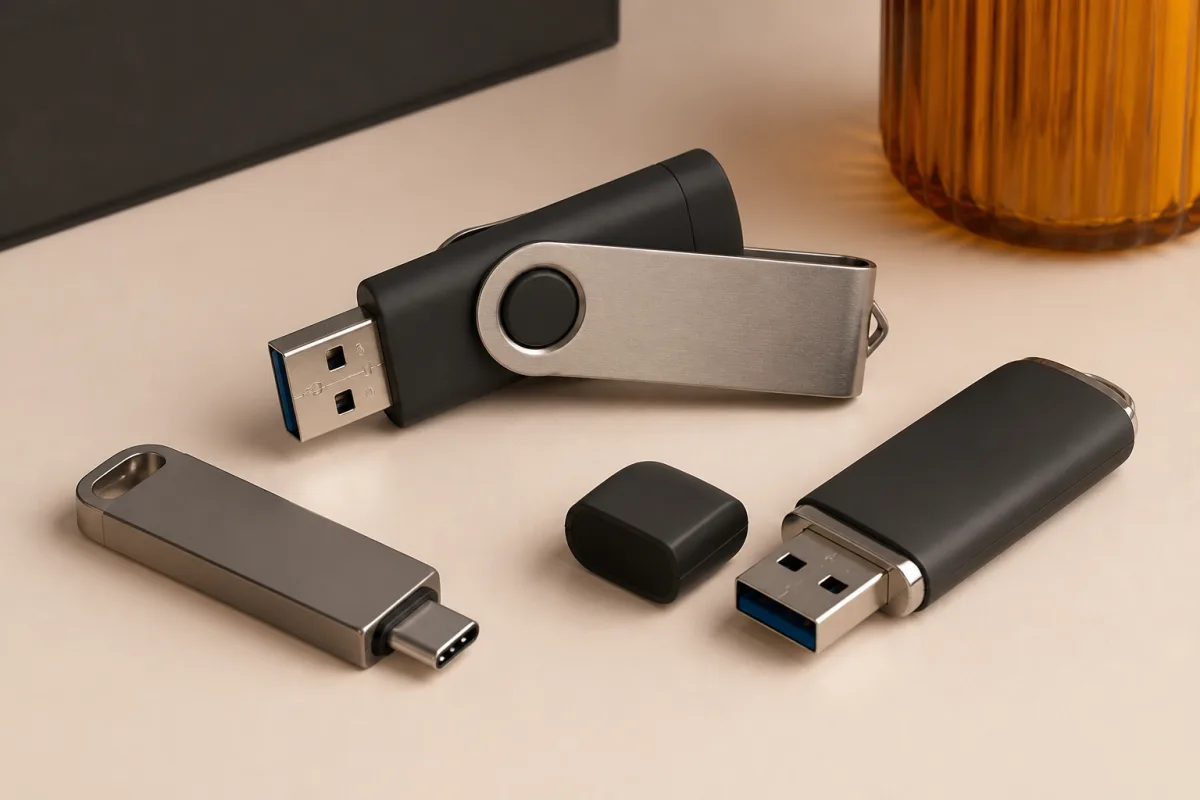 USB flash drives shown as conference swag