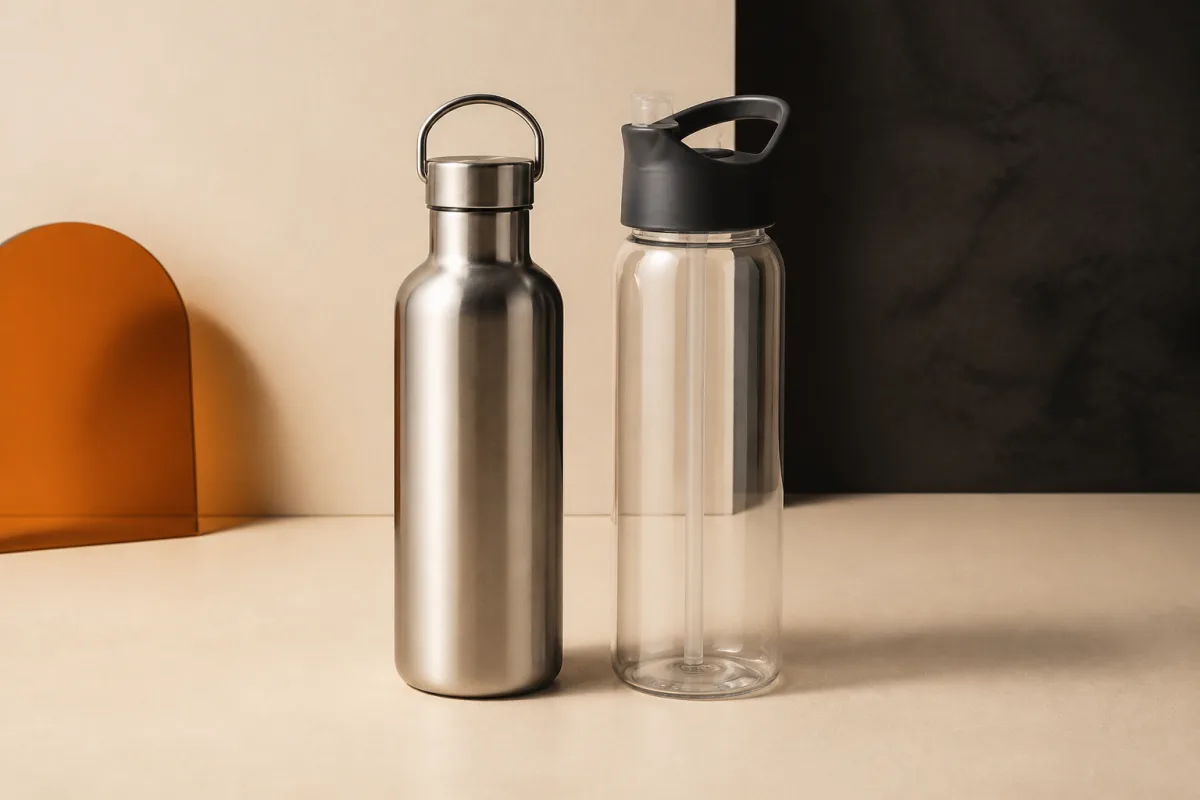 Reusable water bottles shown as conference swag
