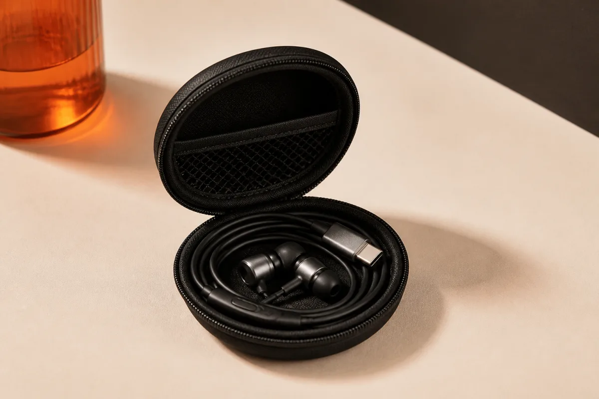 Wired earbuds shown as conference swag