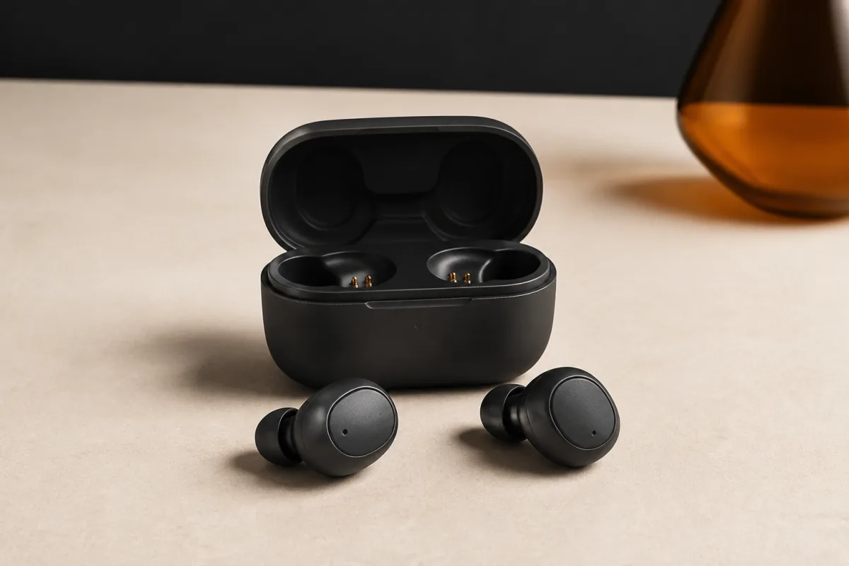 Wireless earbuds shown as conference swag